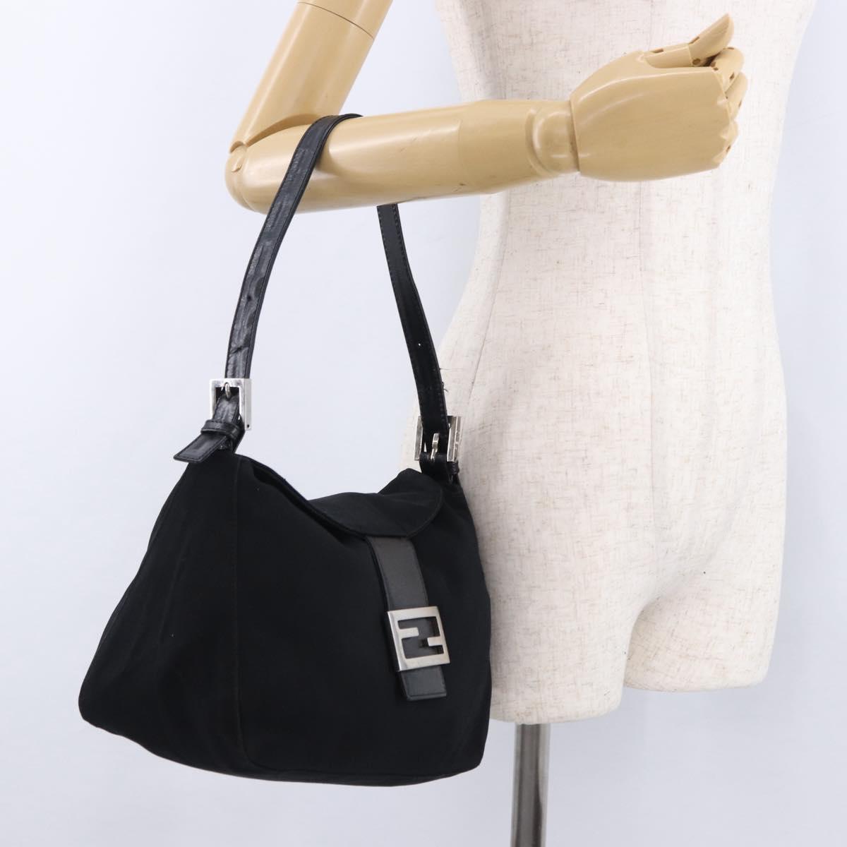 FENDI Mamma Baguette Shoulder Bag Cotton jersey Black Silver Auth 193880