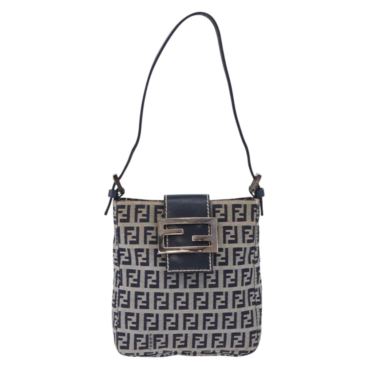 FENDI Zucchino Canvas Hand Pouch Mamma Baguette Navy Silver Auth 193893A