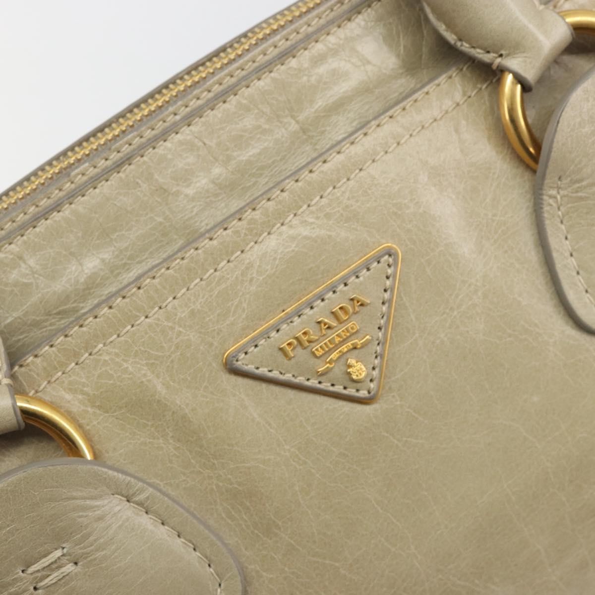 PRADA Hand Bag Leather 2way Beige Gold Auth 193894A