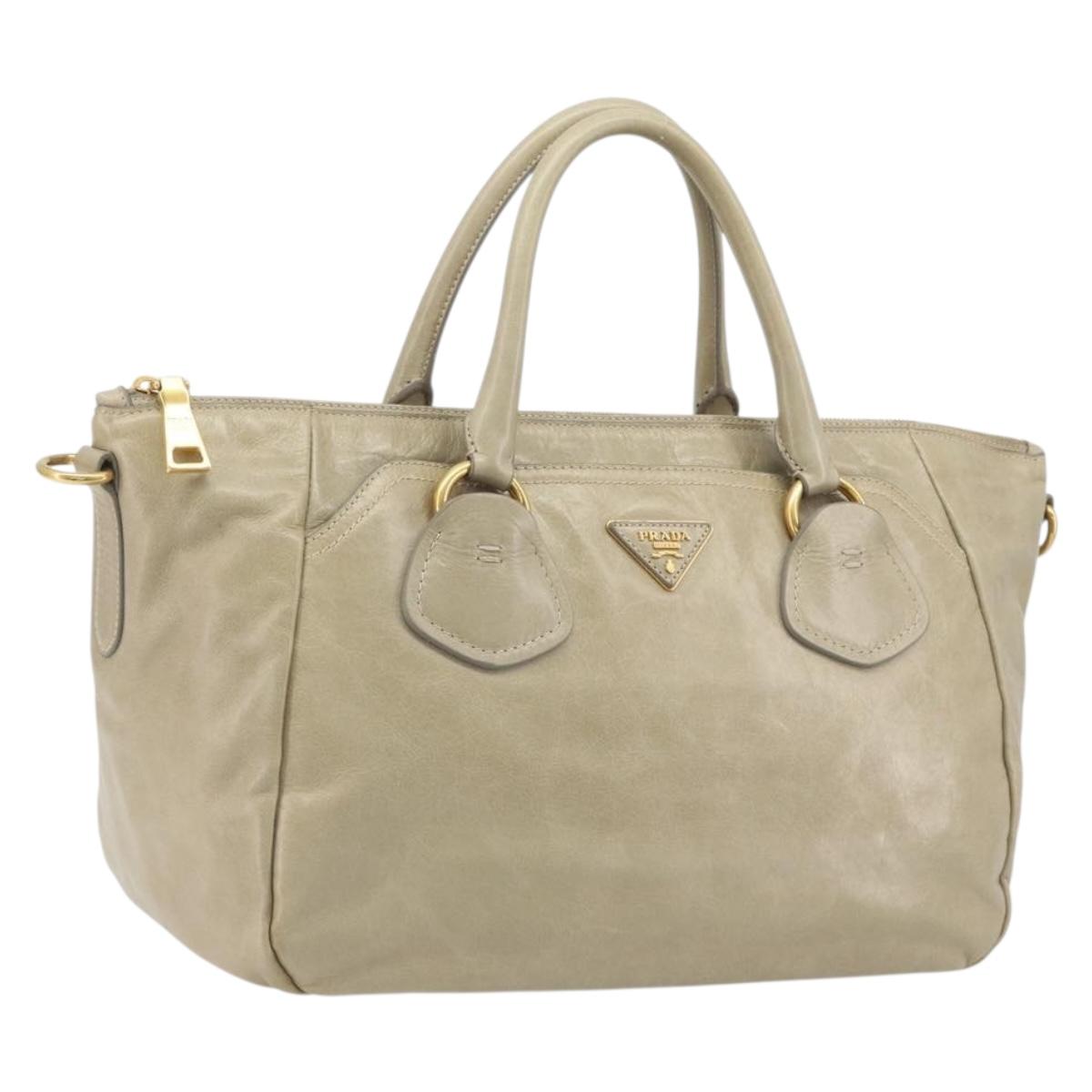 PRADA Hand Bag Leather 2way Beige Gold Auth 193894A