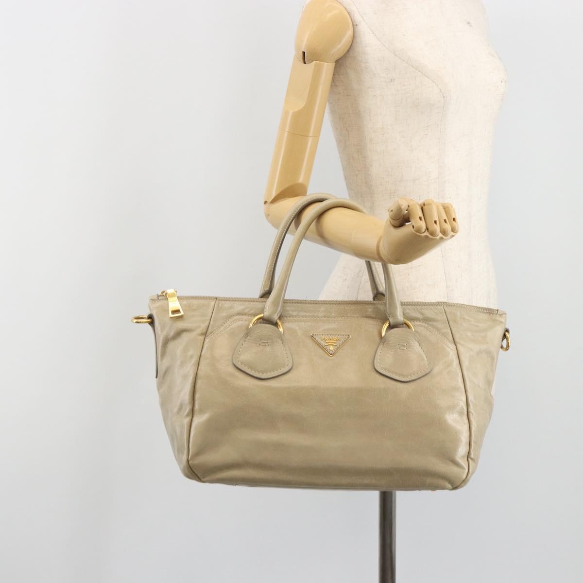 PRADA Hand Bag Leather 2way Beige Gold Auth 193894A