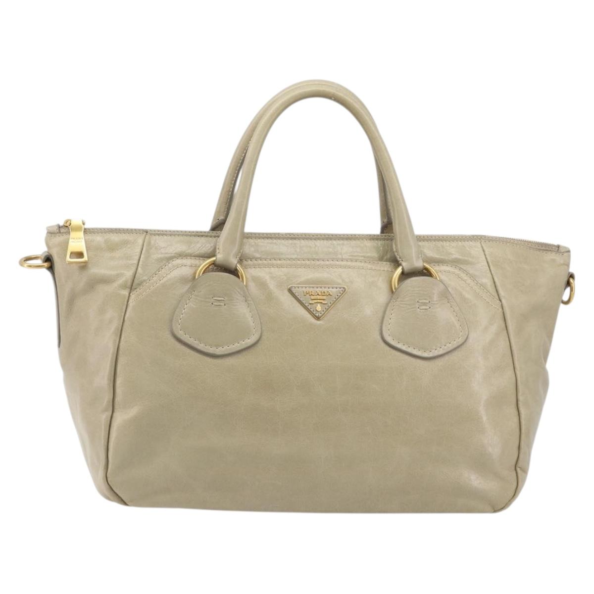 PRADA Hand Bag Leather 2way Beige Gold Auth 193894A