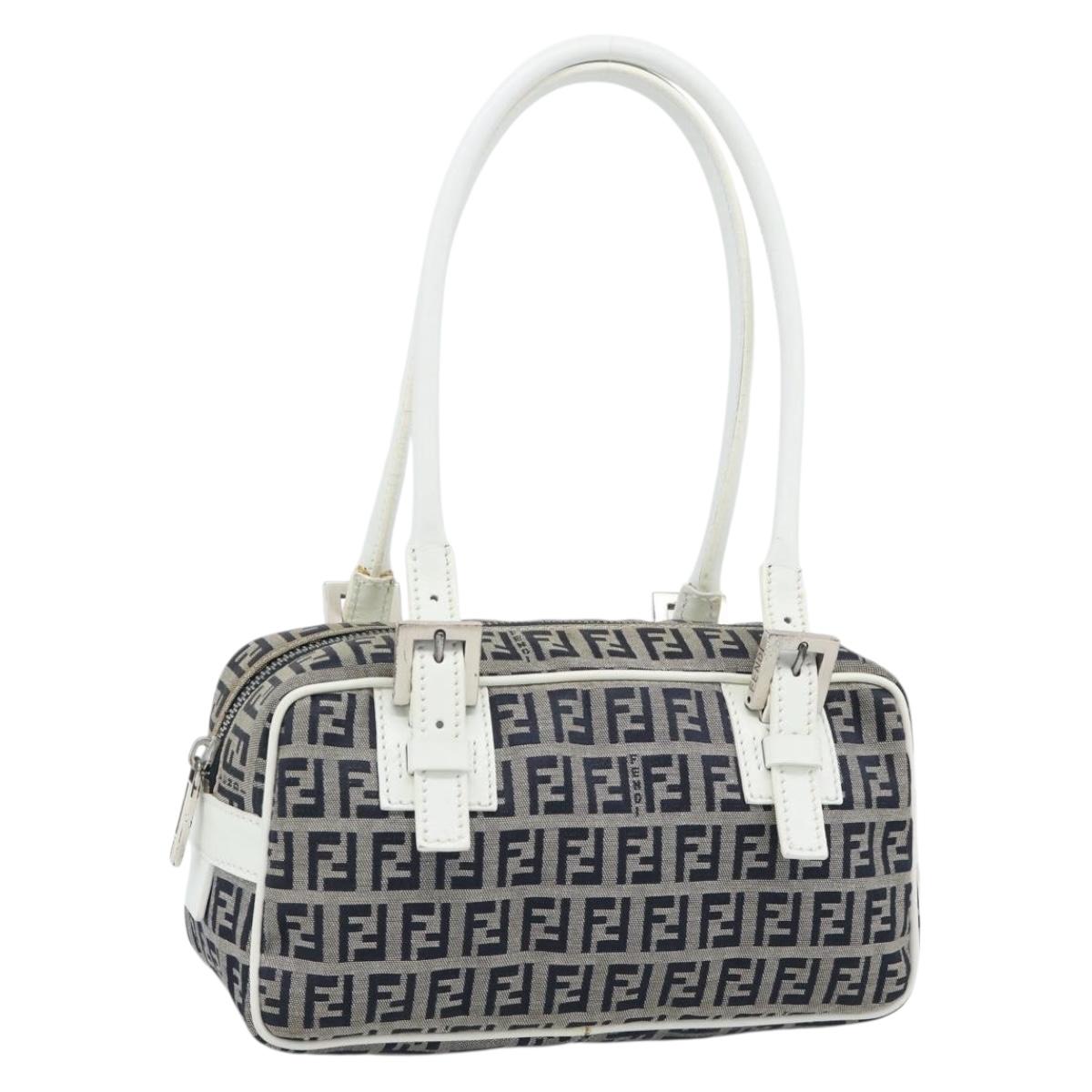 FENDI Zucchino Canvas Hand Bag Navy Silver Auth 193898A