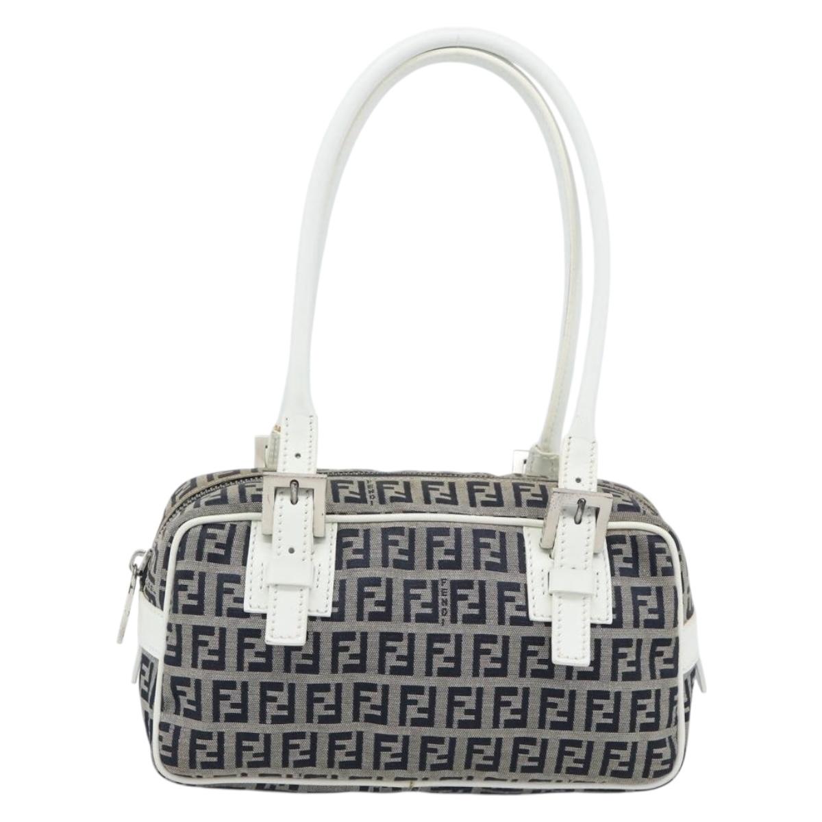 FENDI Zucchino Canvas Hand Bag Navy Silver Auth 193898A