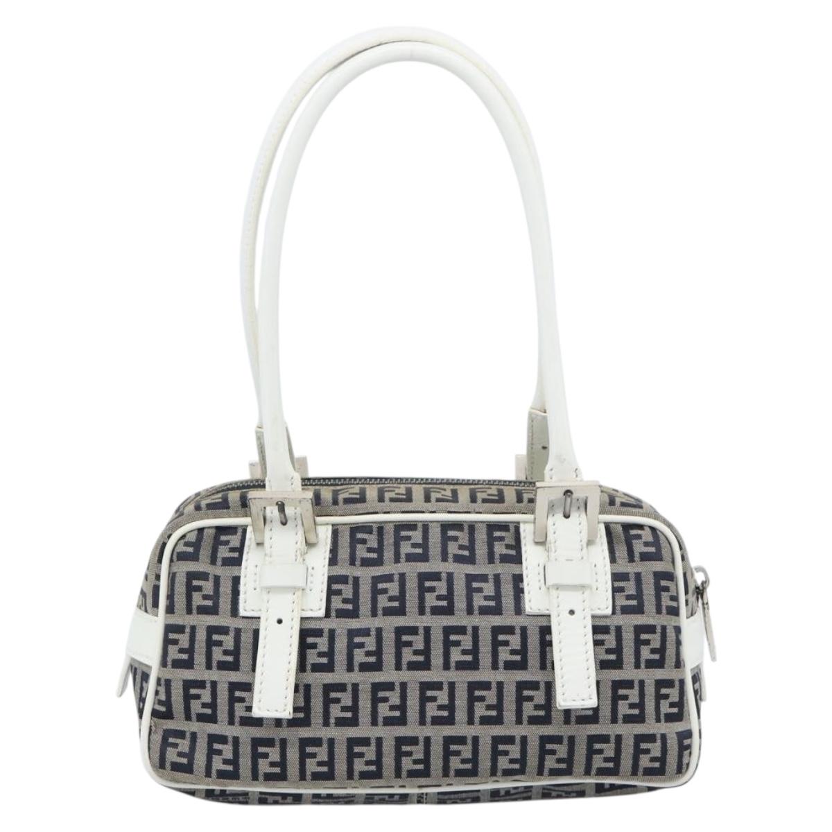 FENDI Zucchino Canvas Hand Bag Navy Silver Auth 193898A