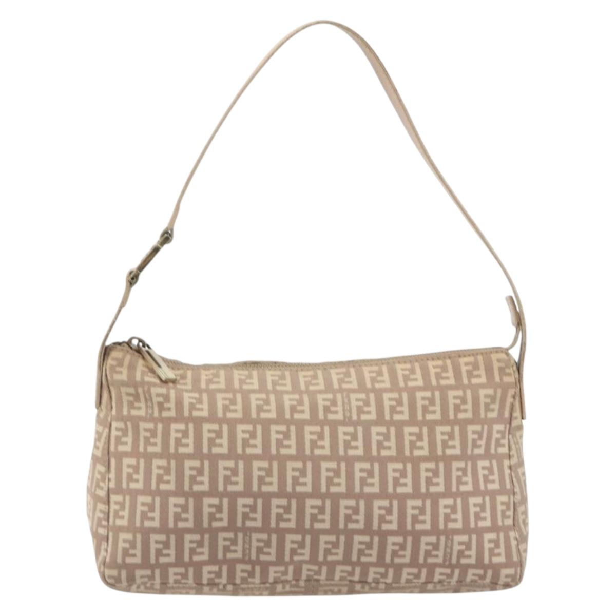FENDI Zucchino Canvas Shoulder Bag Beige Gold Auth 193907A