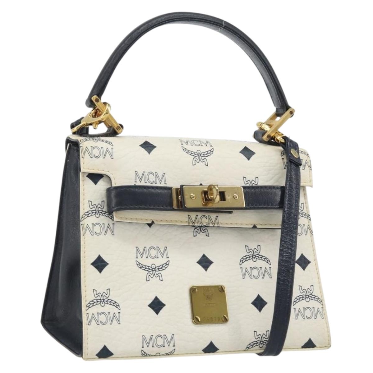 MCM Vicetos Logogram Hand Bag PVC Leather 2way White Gold Auth 193908