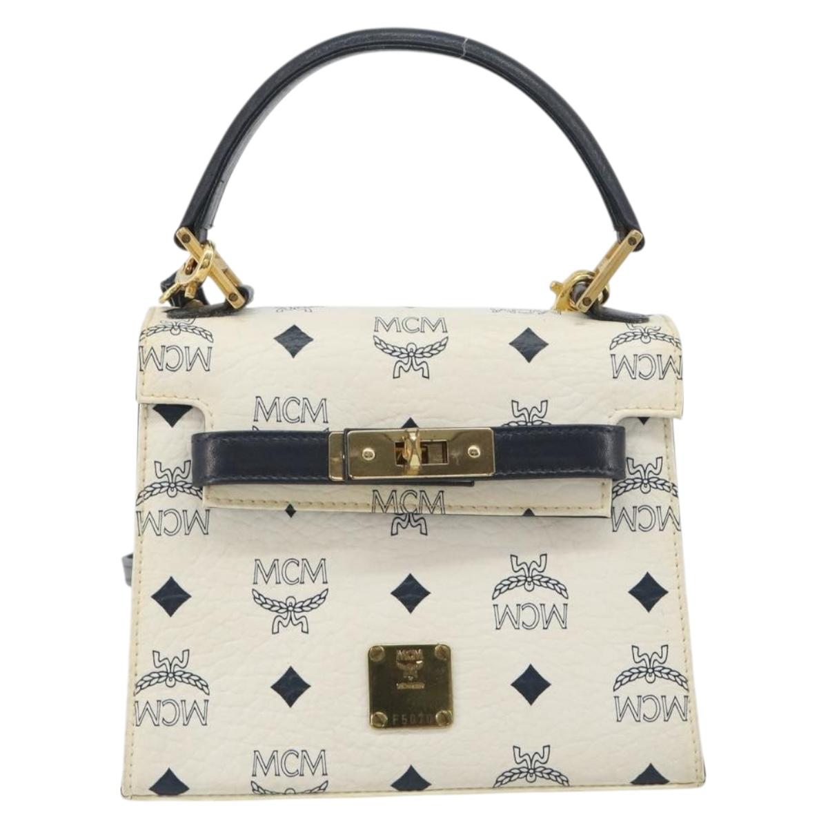 MCM Vicetos Logogram Hand Bag PVC Leather 2way White Gold Auth 193908