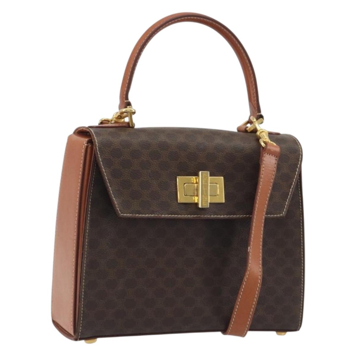 CELINE Macadam Canvas Hand Bag PVC Leather 2way Brown Gold Auth 193909A