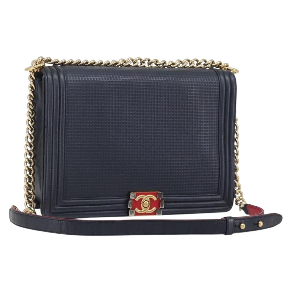 CHANEL Boy Chanel Chain Shoulder Bag Leather Navy Gold CC Auth 193912A