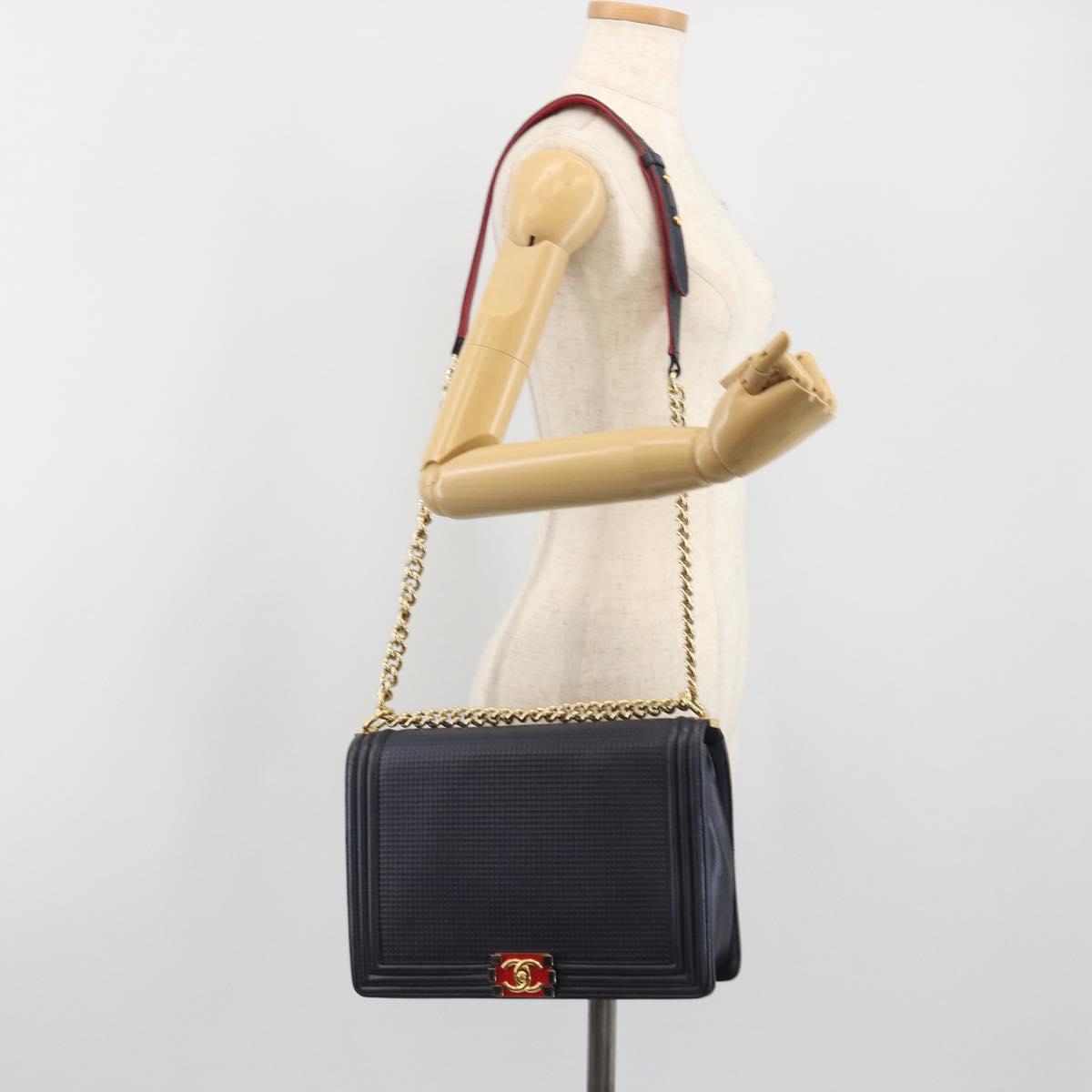 CHANEL Boy Chanel Chain Shoulder Bag Leather Navy Gold CC Auth 193912A