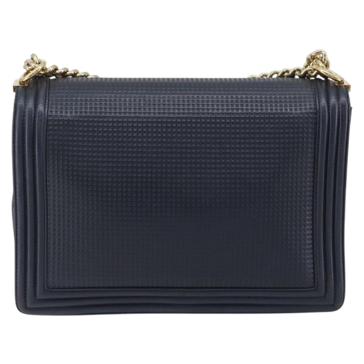 CHANEL Boy Chanel Chain Shoulder Bag Leather Navy Gold CC Auth 193912A