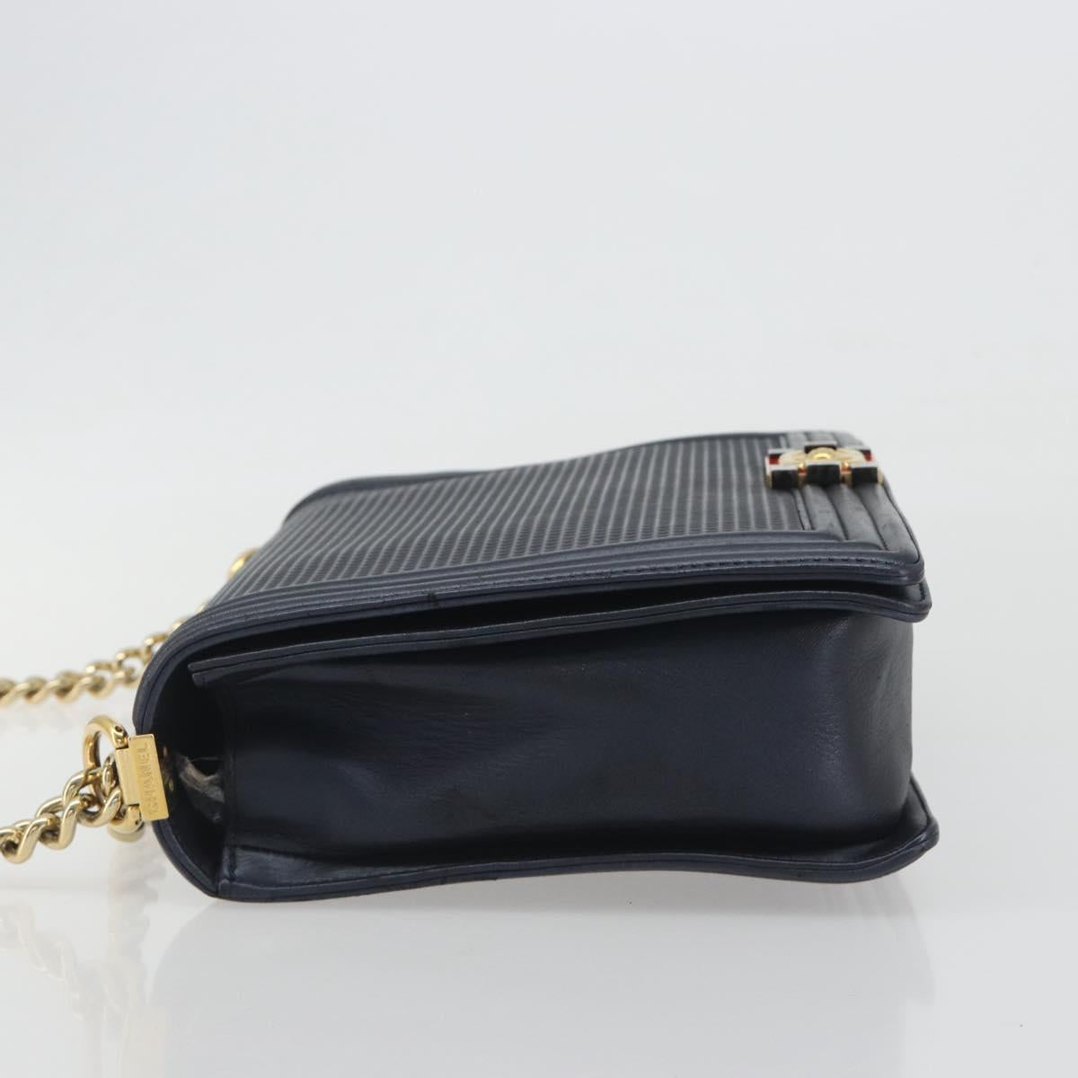 CHANEL Boy Chanel Chain Shoulder Bag Leather Navy Gold CC Auth 193912A