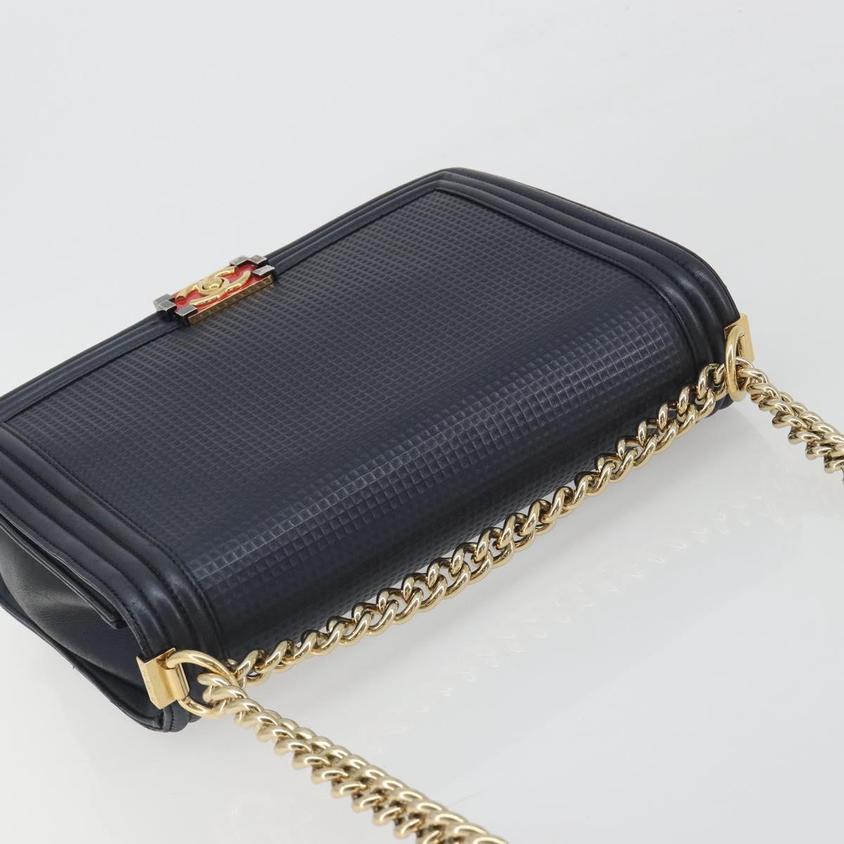 CHANEL Boy Chanel Chain Shoulder Bag Leather Navy Gold CC Auth 193912A