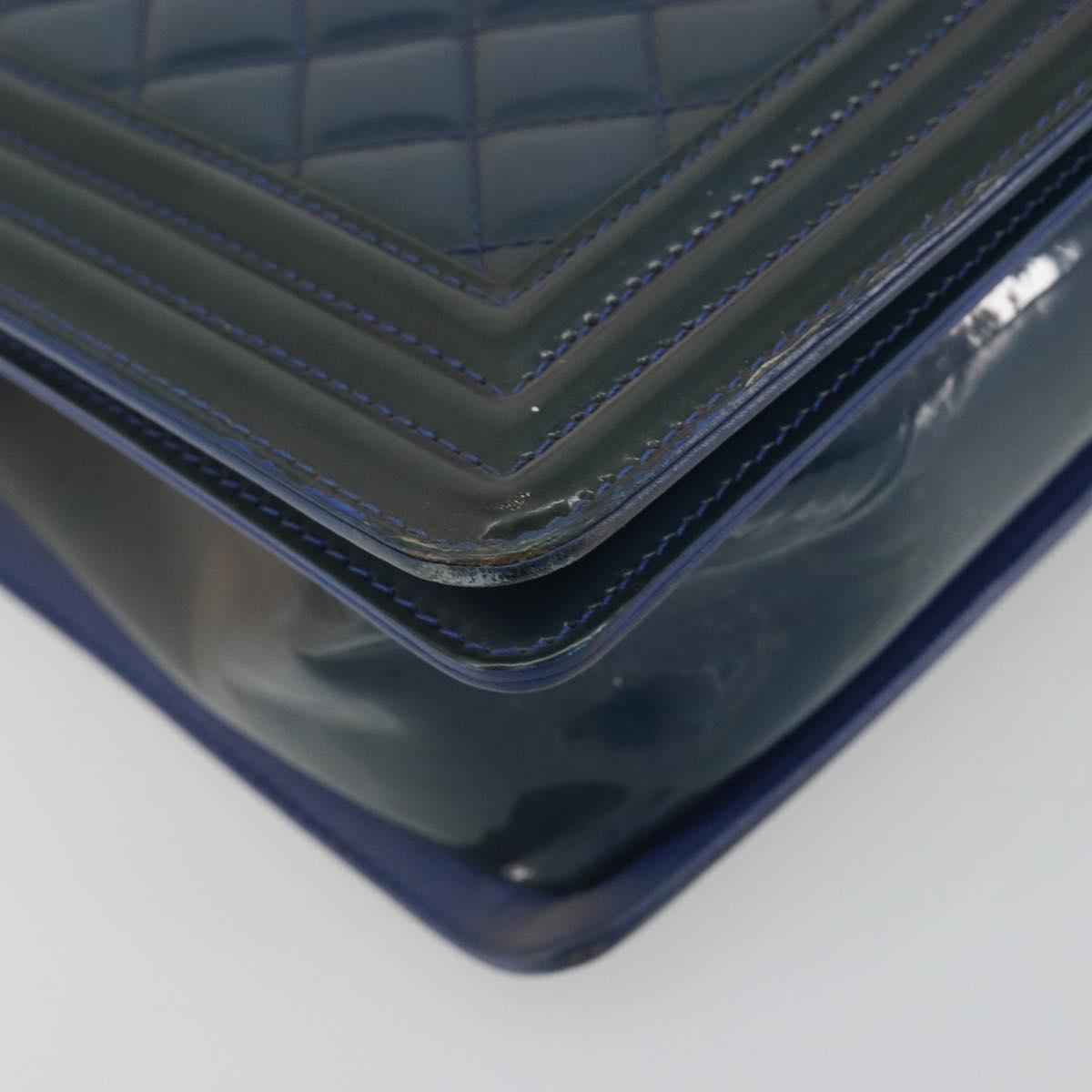 CHANEL Matelasse Boy Chanel Chain Bag Patent Leather Blue Silver CC Auth 193914