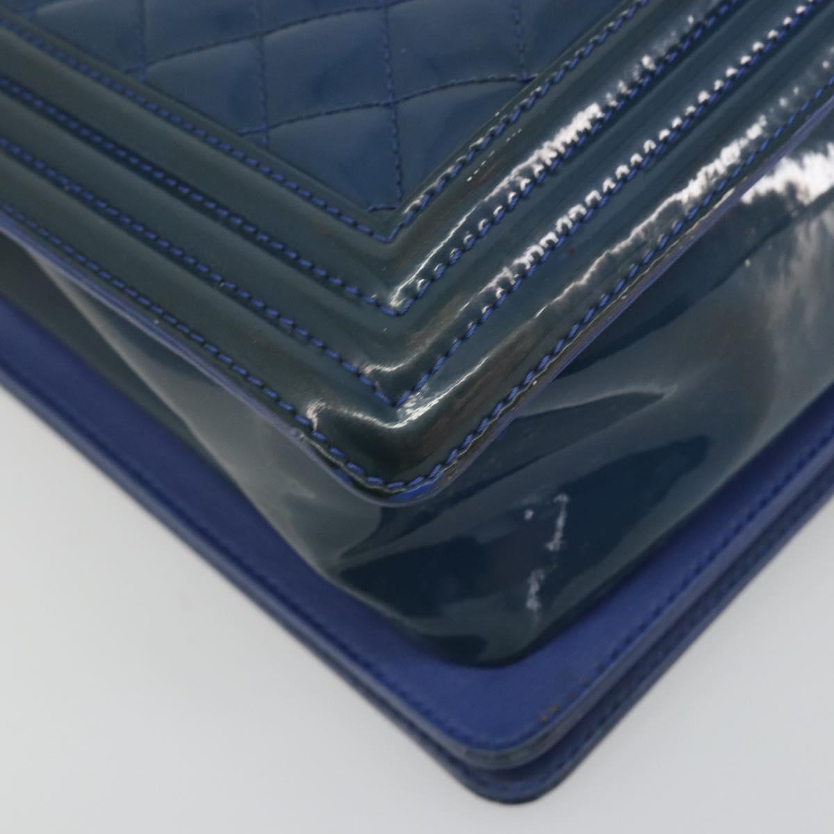 CHANEL Matelasse Boy Chanel Chain Bag Patent Leather Blue Silver CC Auth 193914
