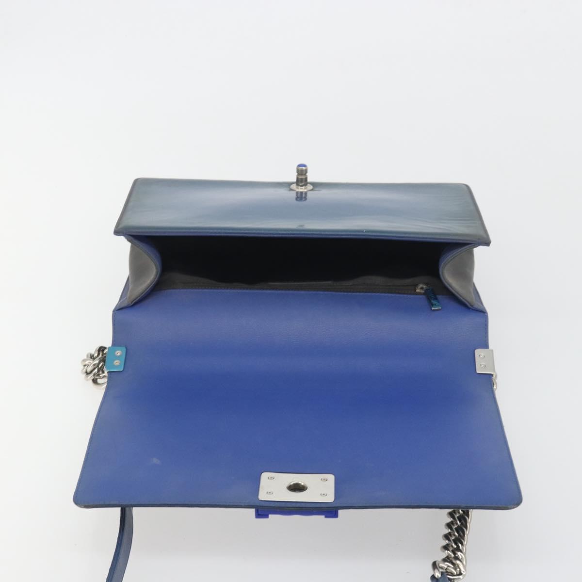 CHANEL Matelasse Boy Chanel Chain Bag Patent Leather Blue Silver CC Auth 193914