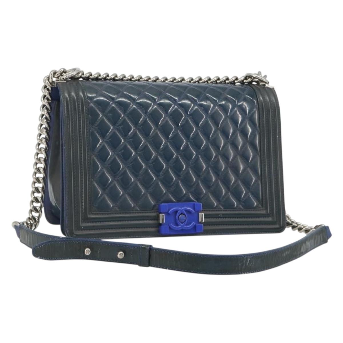 CHANEL Matelasse Boy Chanel Chain Bag Patent Leather Blue Silver CC Auth 193914