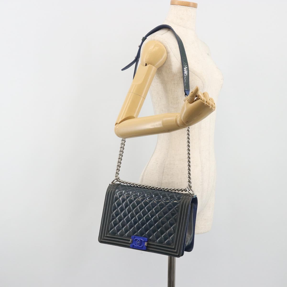 CHANEL Matelasse Boy Chanel Chain Bag Patent Leather Blue Silver CC Auth 193914