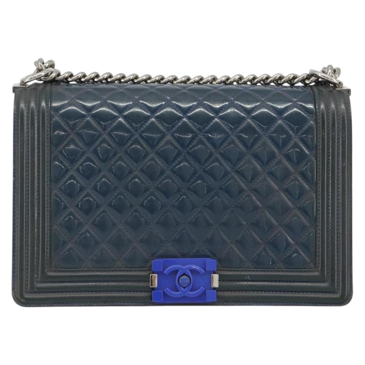 CHANEL Matelasse Boy Chanel Chain Bag Patent Leather Blue Silver CC Auth 193914