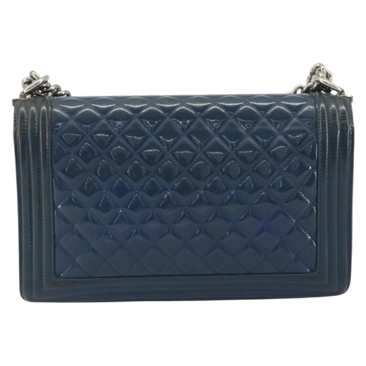 CHANEL Matelasse Boy Chanel Chain Bag Patent Leather Blue Silver CC Auth 193914