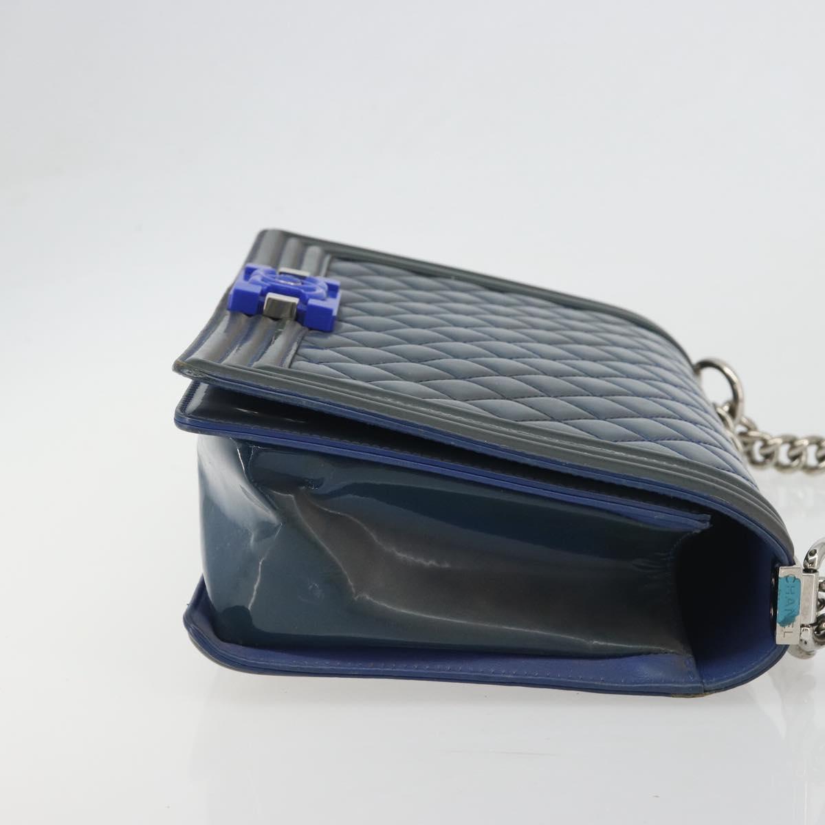 CHANEL Matelasse Boy Chanel Chain Bag Patent Leather Blue Silver CC Auth 193914