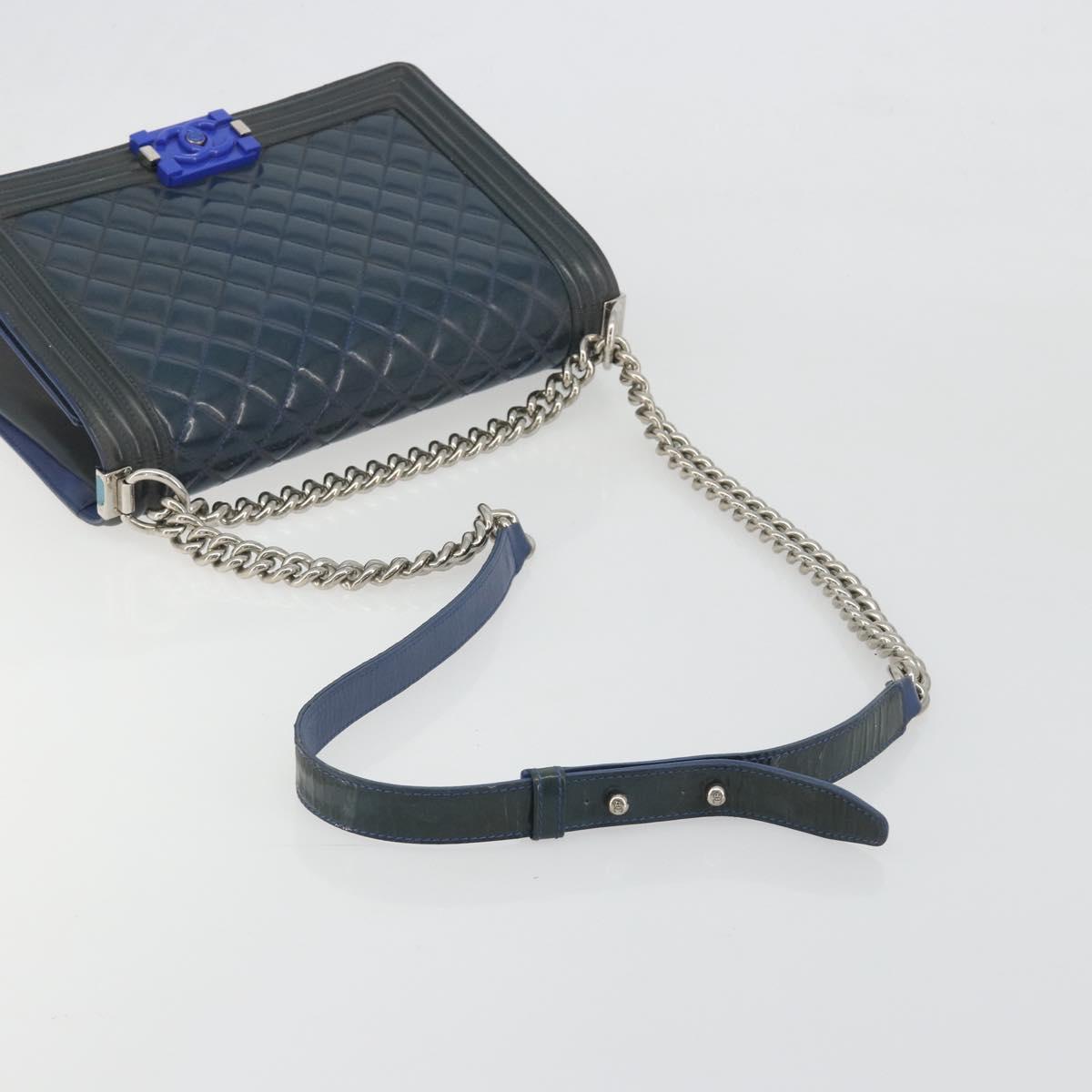 CHANEL Matelasse Boy Chanel Chain Bag Patent Leather Blue Silver CC Auth 193914