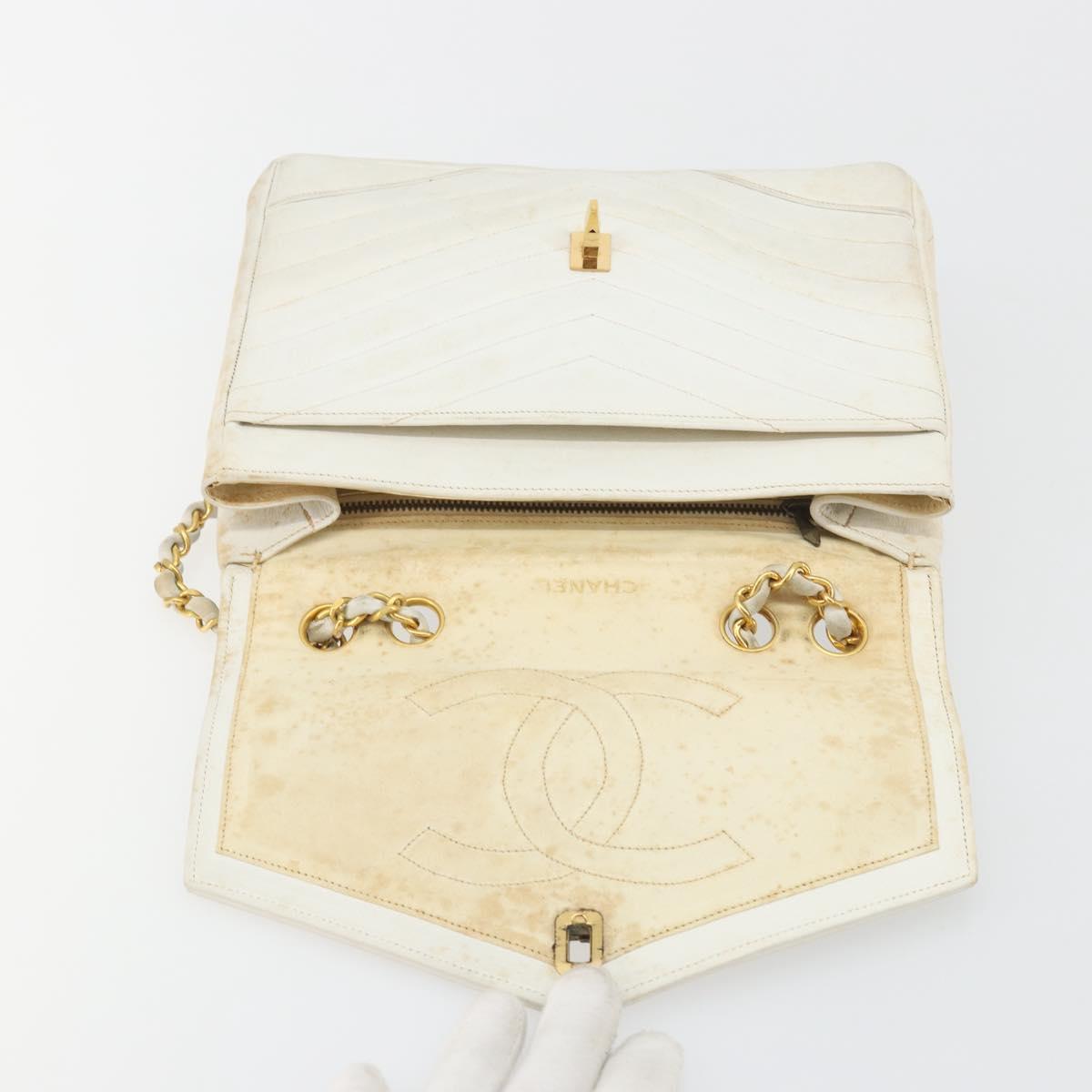 CHANEL Matelasse Chain Shoulder Bag Lamb Skin White Gold CC Auth 193951