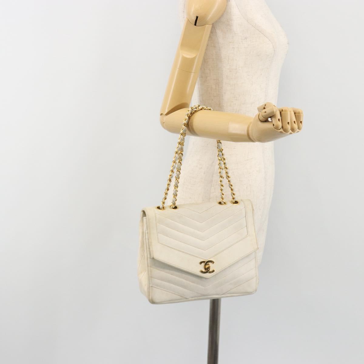 CHANEL Matelasse Chain Shoulder Bag Lamb Skin White Gold CC Auth 193951