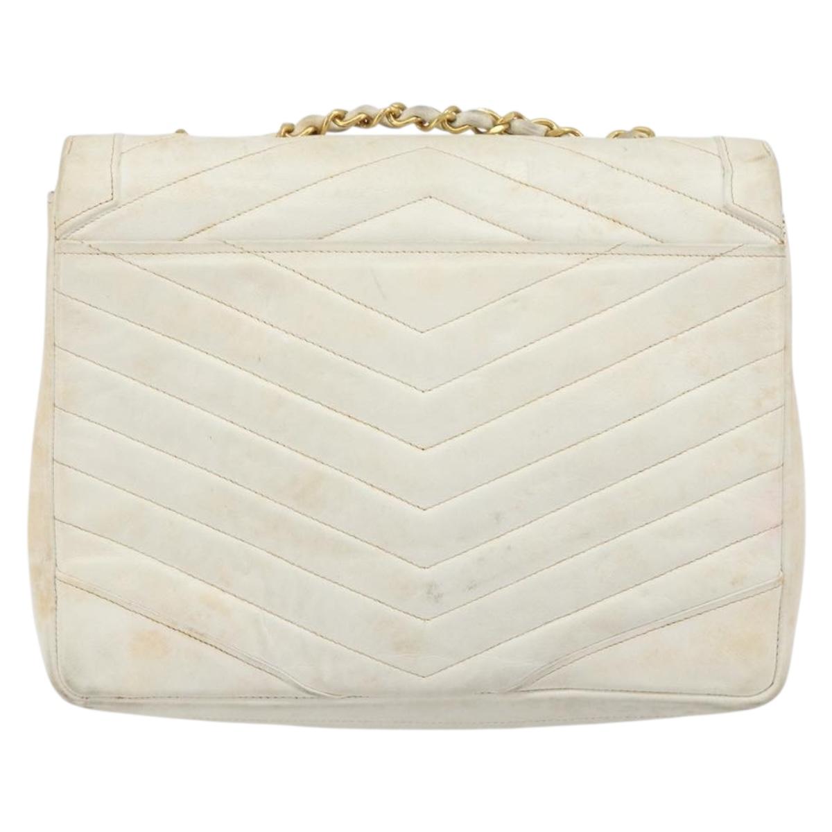 CHANEL Matelasse Chain Shoulder Bag Lamb Skin White Gold CC Auth 193951