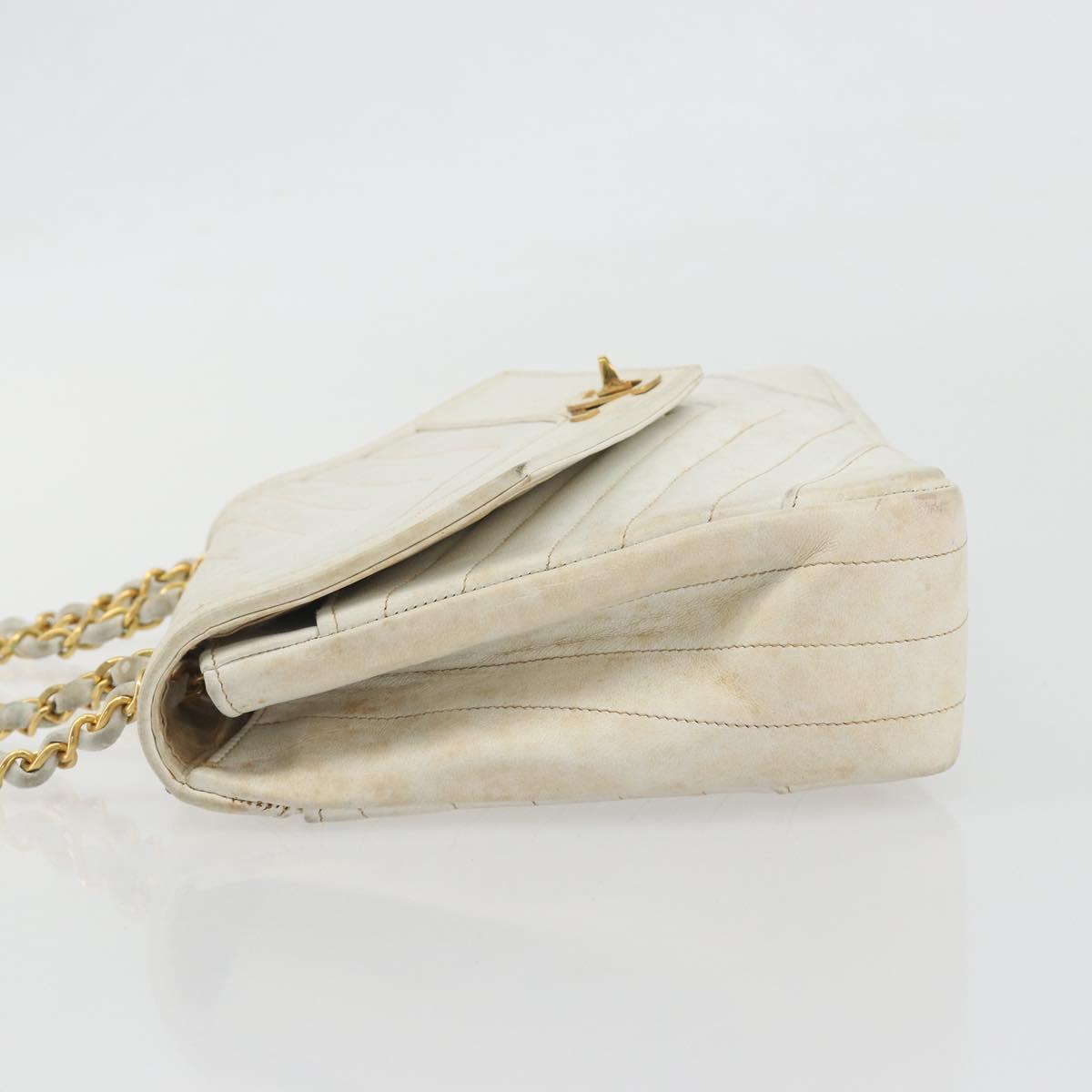 CHANEL Matelasse Chain Shoulder Bag Lamb Skin White Gold CC Auth 193951