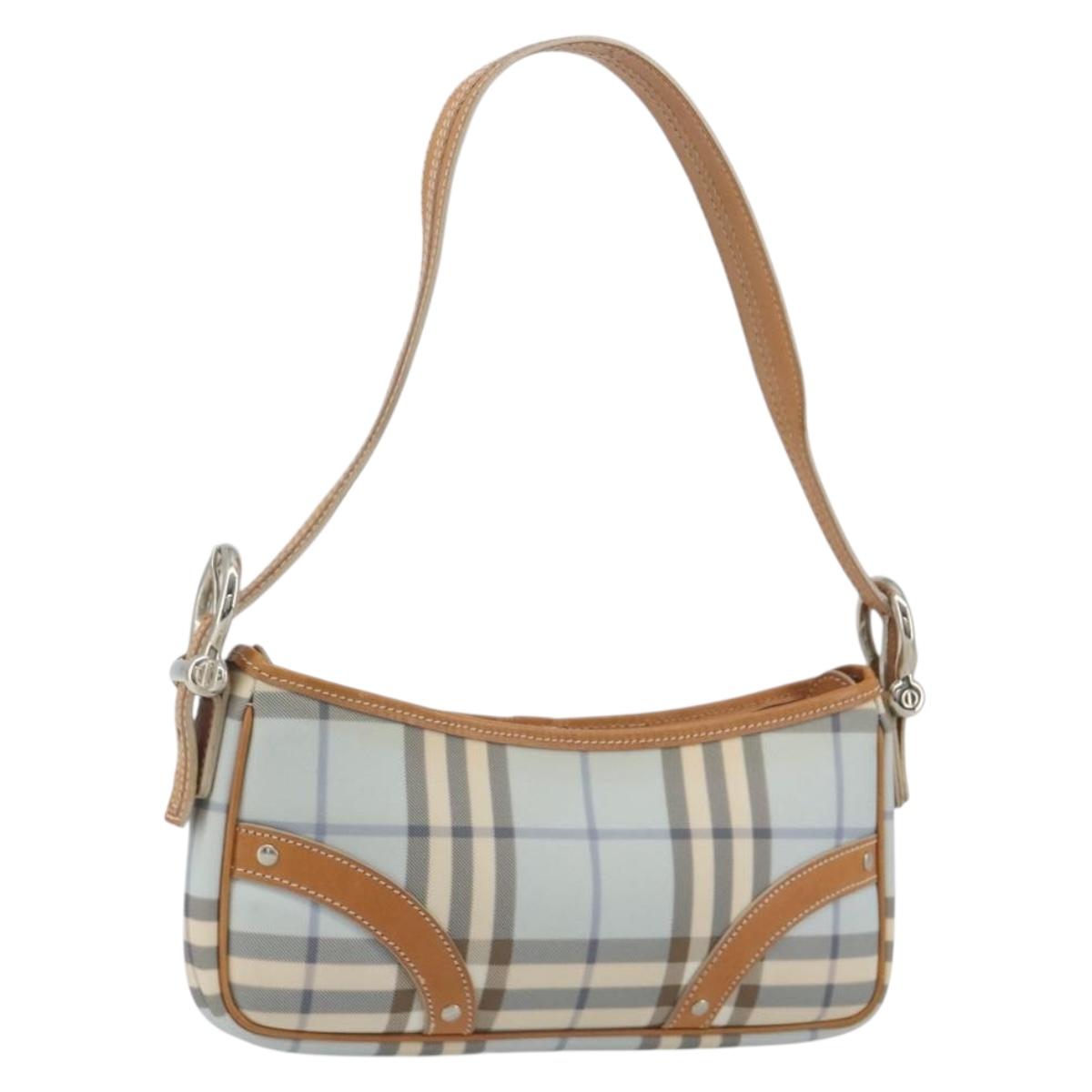 BURBERRY Nova Check Hand Bag PVC Light Blue Silver Auth 193958A