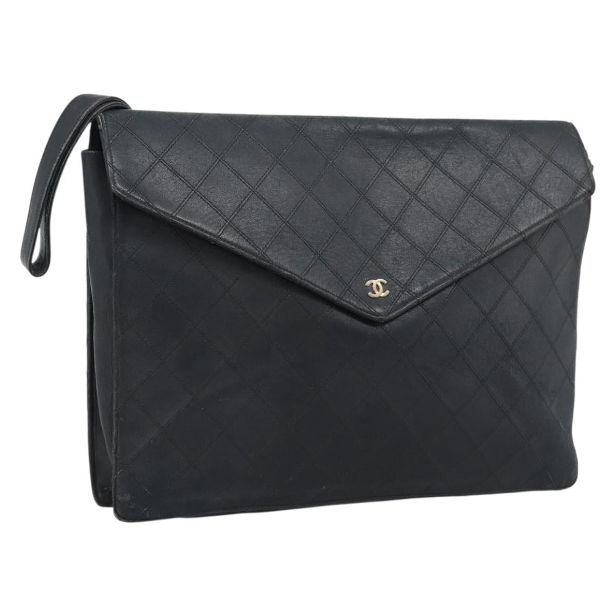 CHANEL Bicolore Clutch Bag Lamb Skin Black Gold CC Auth 193959
