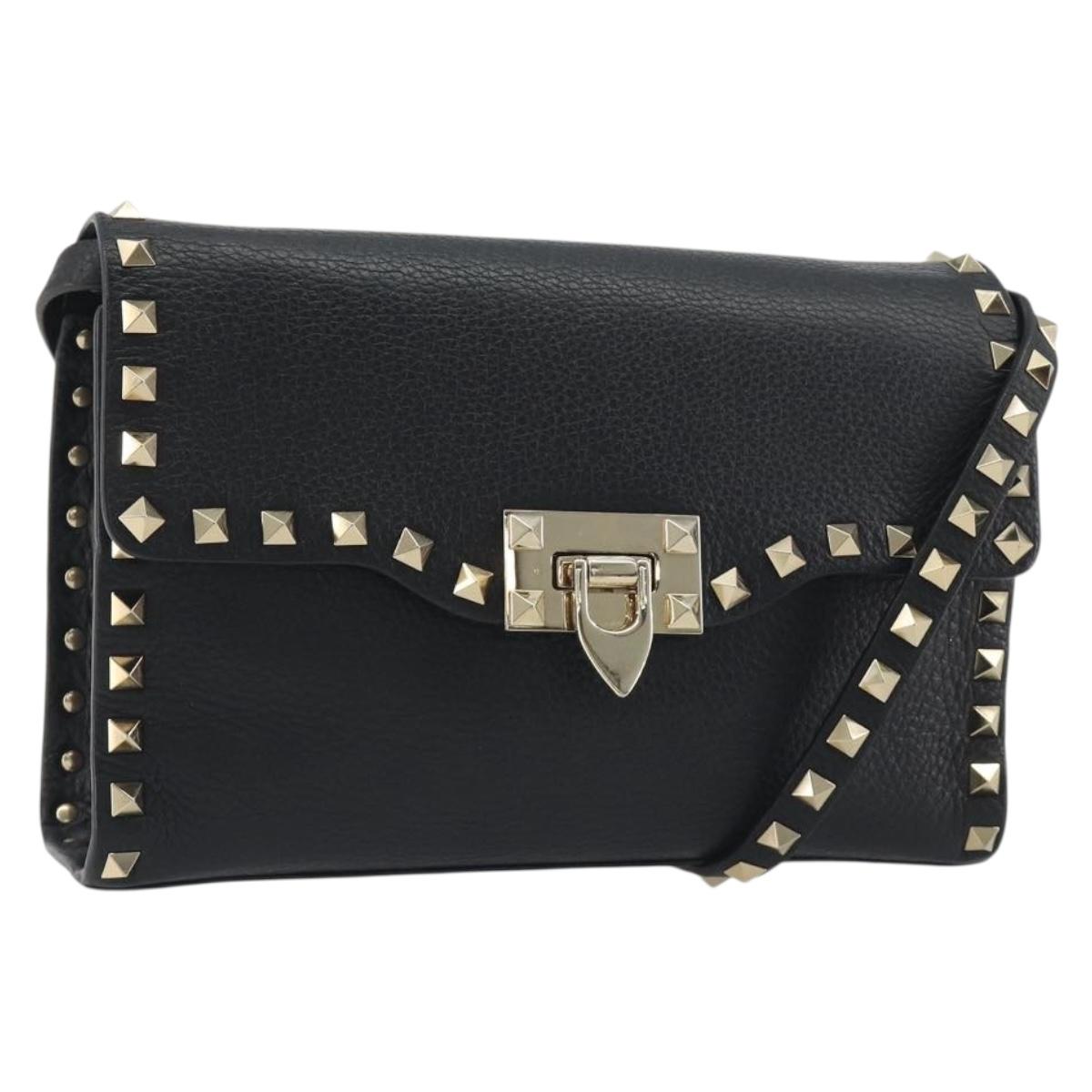 VALENTINO Studs Shoulder Bag Leather Black Gold Auth 193963A