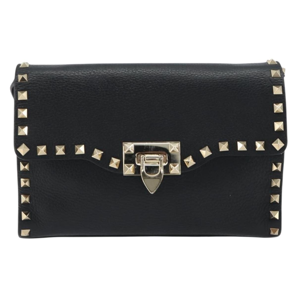 VALENTINO Studs Shoulder Bag Leather Black Gold Auth 193963A