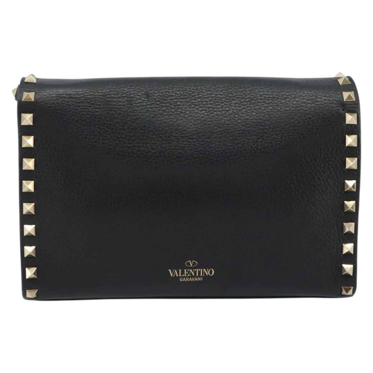 VALENTINO Studs Shoulder Bag Leather Black Gold Auth 193963A