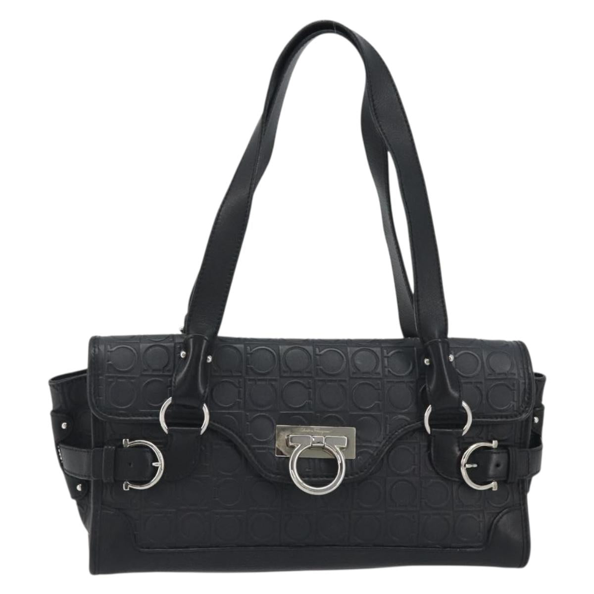Salvatore Ferragamo Gancini Shoulder Bag Leather Black Silver Auth 193966A