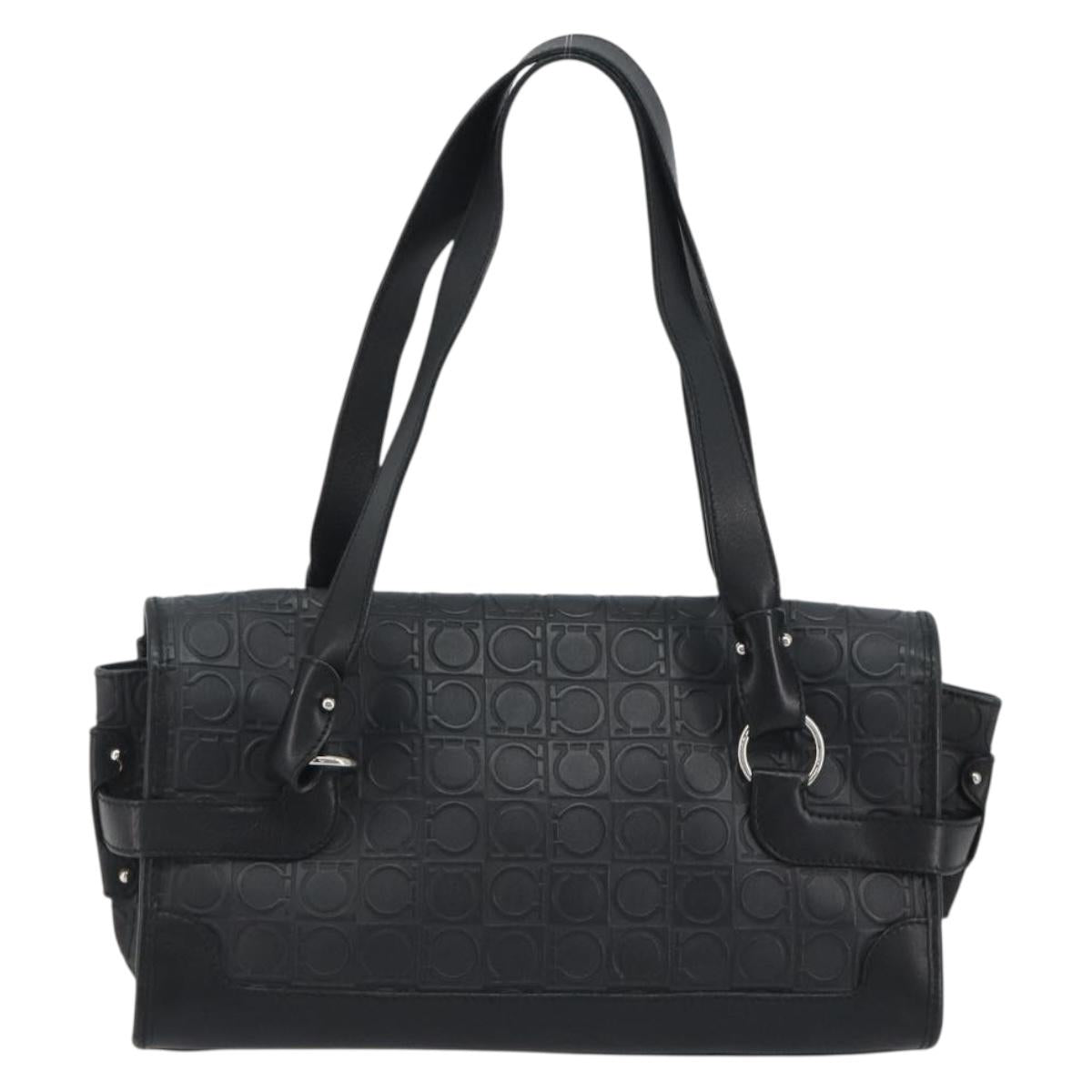 Salvatore Ferragamo Gancini Shoulder Bag Leather Black Silver Auth 193966A