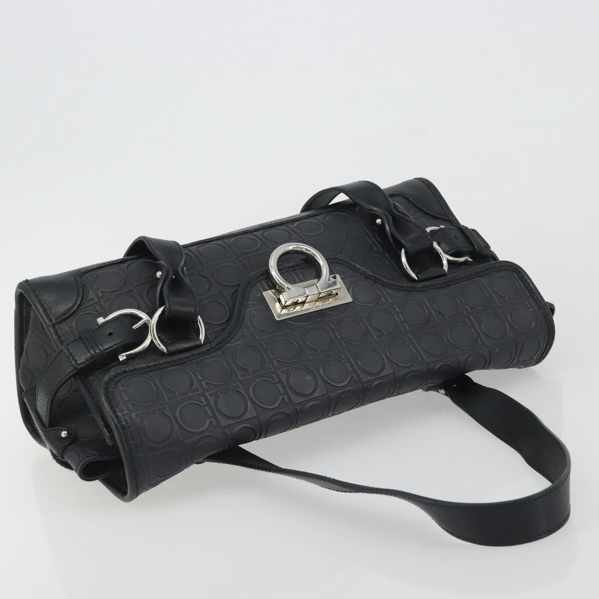 Salvatore Ferragamo Gancini Shoulder Bag Leather Black Silver Auth 193966A