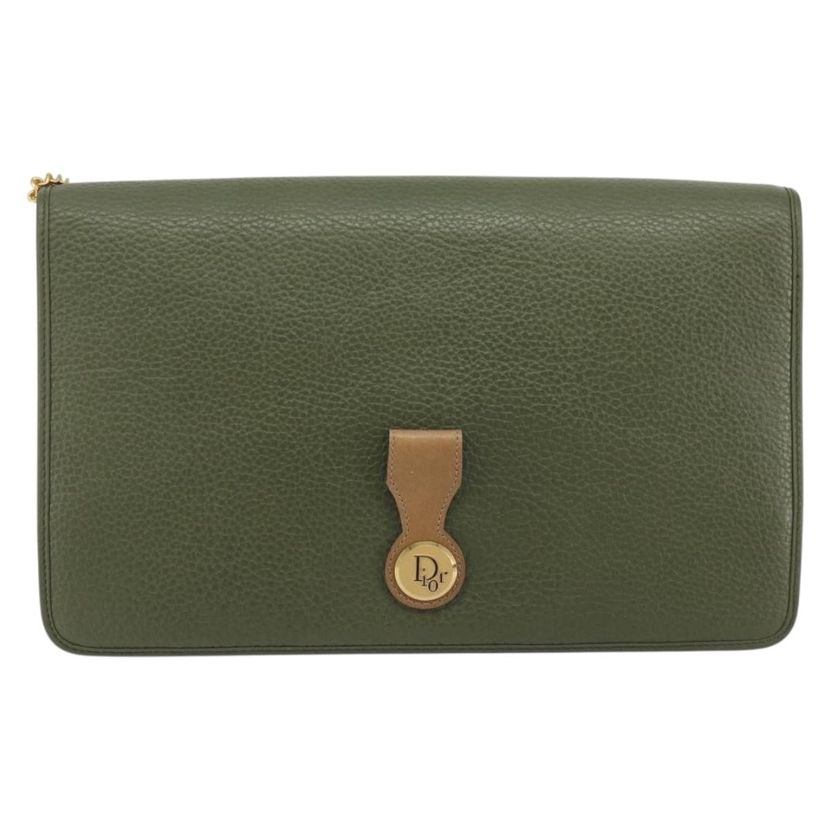 Christian Dior Chain Shoulder Bag Leather Green Gold Auth 193969