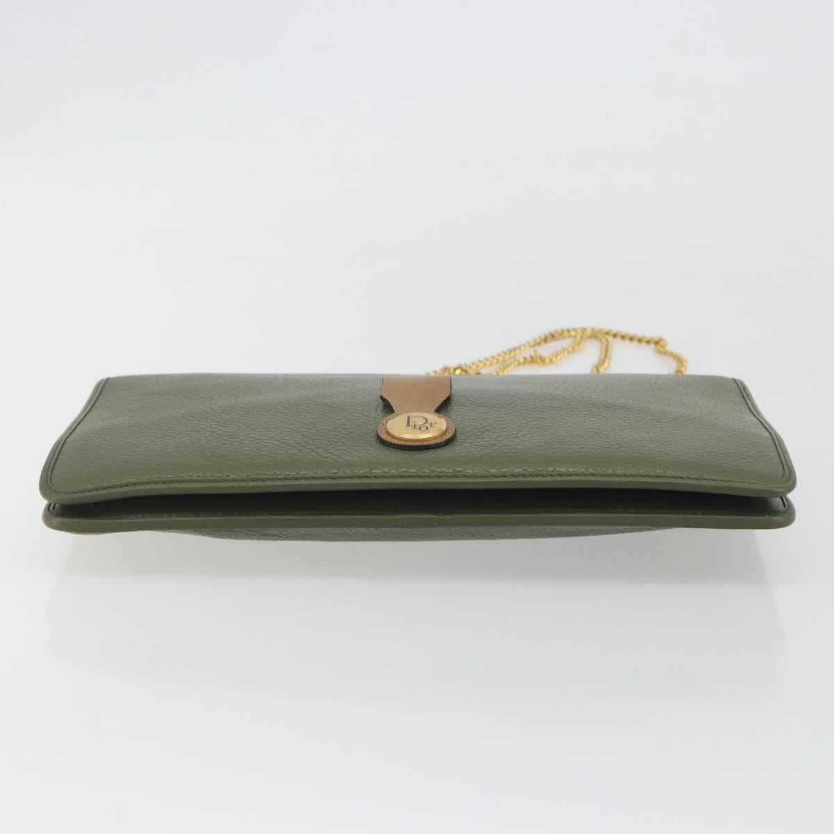 Christian Dior Chain Shoulder Bag Leather Green Gold Auth 193969