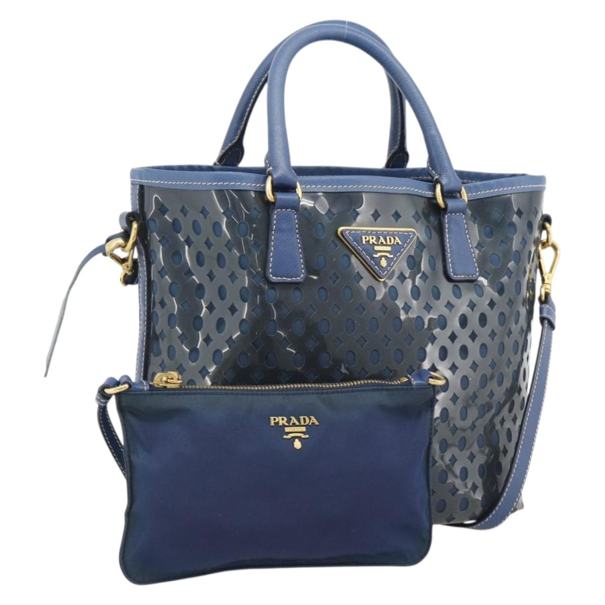 PRADA Hand Bag Vinyl 2way Blue Gold Auth 193975