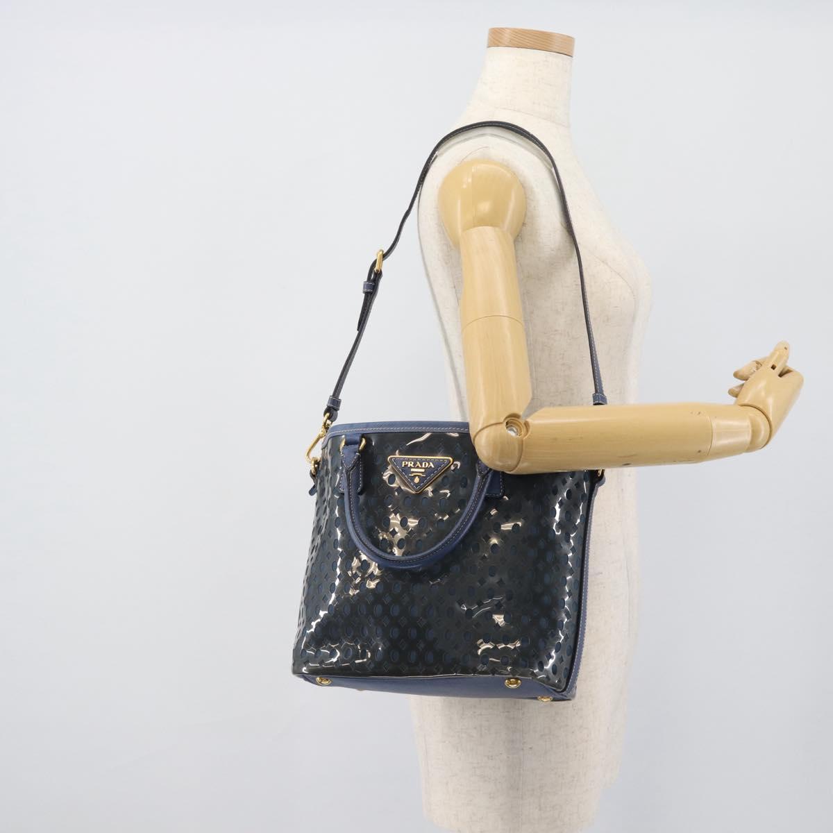 PRADA Hand Bag Vinyl 2way Blue Gold Auth 193975