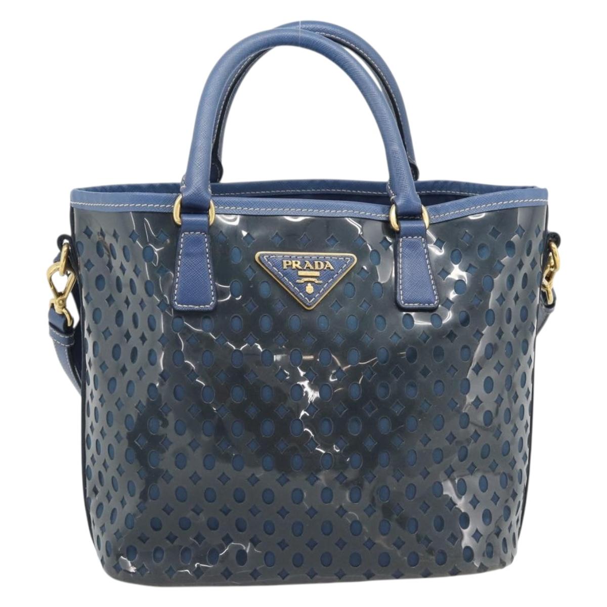 PRADA Hand Bag Vinyl 2way Blue Gold Auth 193975