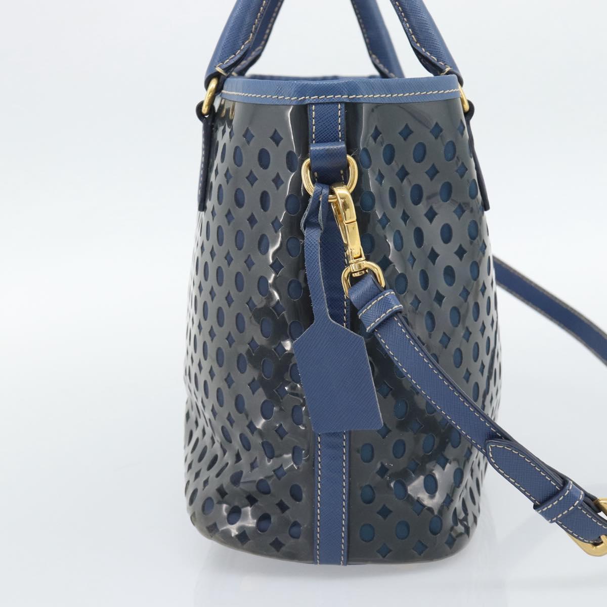 PRADA Hand Bag Vinyl 2way Blue Gold Auth 193975