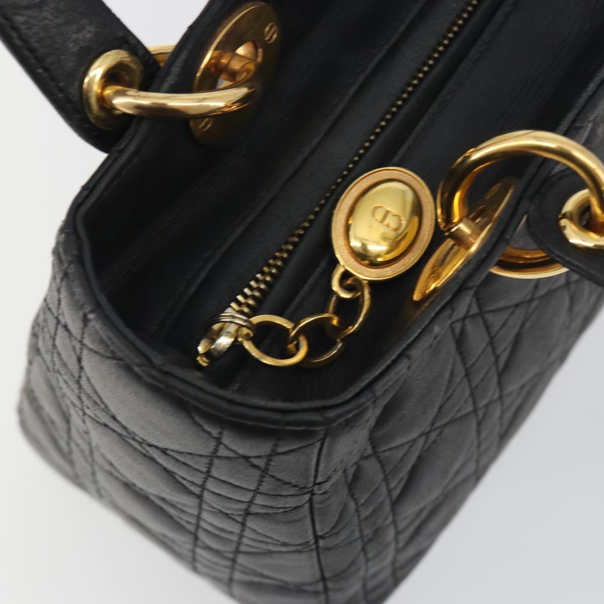 Christian Dior Canage Hand Bag Lamb Skin Black Gold Auth 193978A