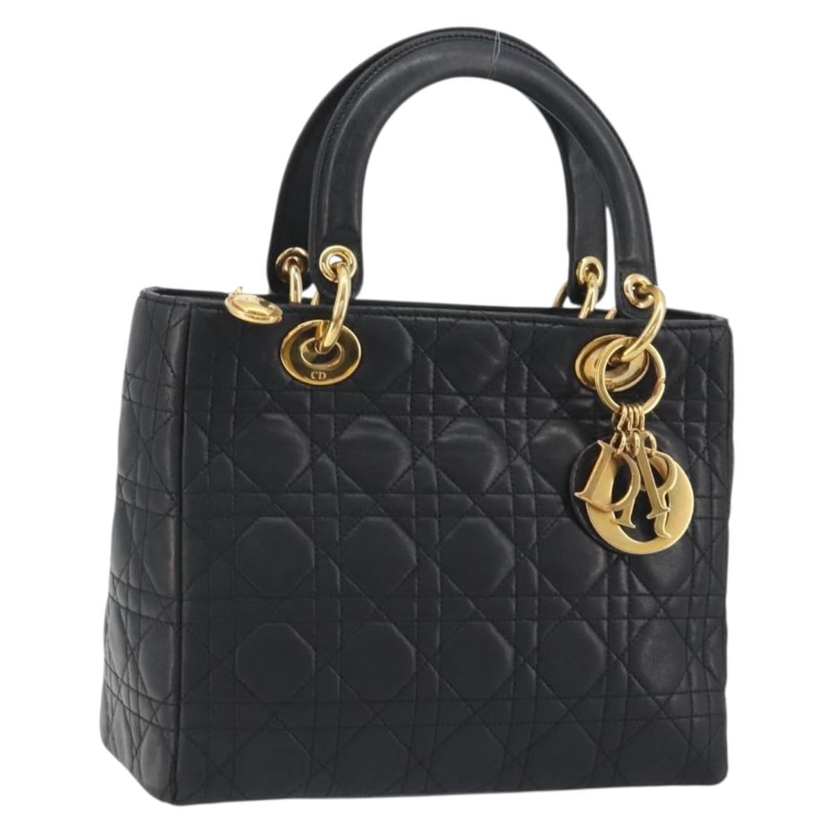 Christian Dior Canage Hand Bag Lamb Skin Black Gold Auth 193978A