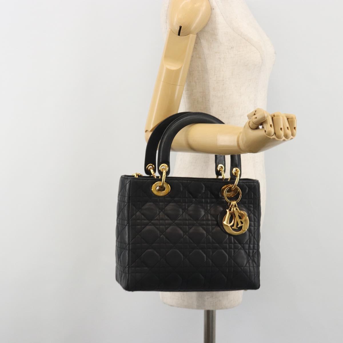 Christian Dior Canage Hand Bag Lamb Skin Black Gold Auth 193978A