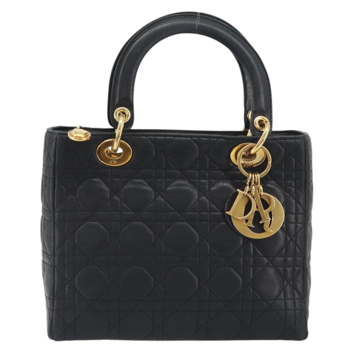 Christian Dior Canage Hand Bag Lamb Skin Black Gold Auth 193978A
