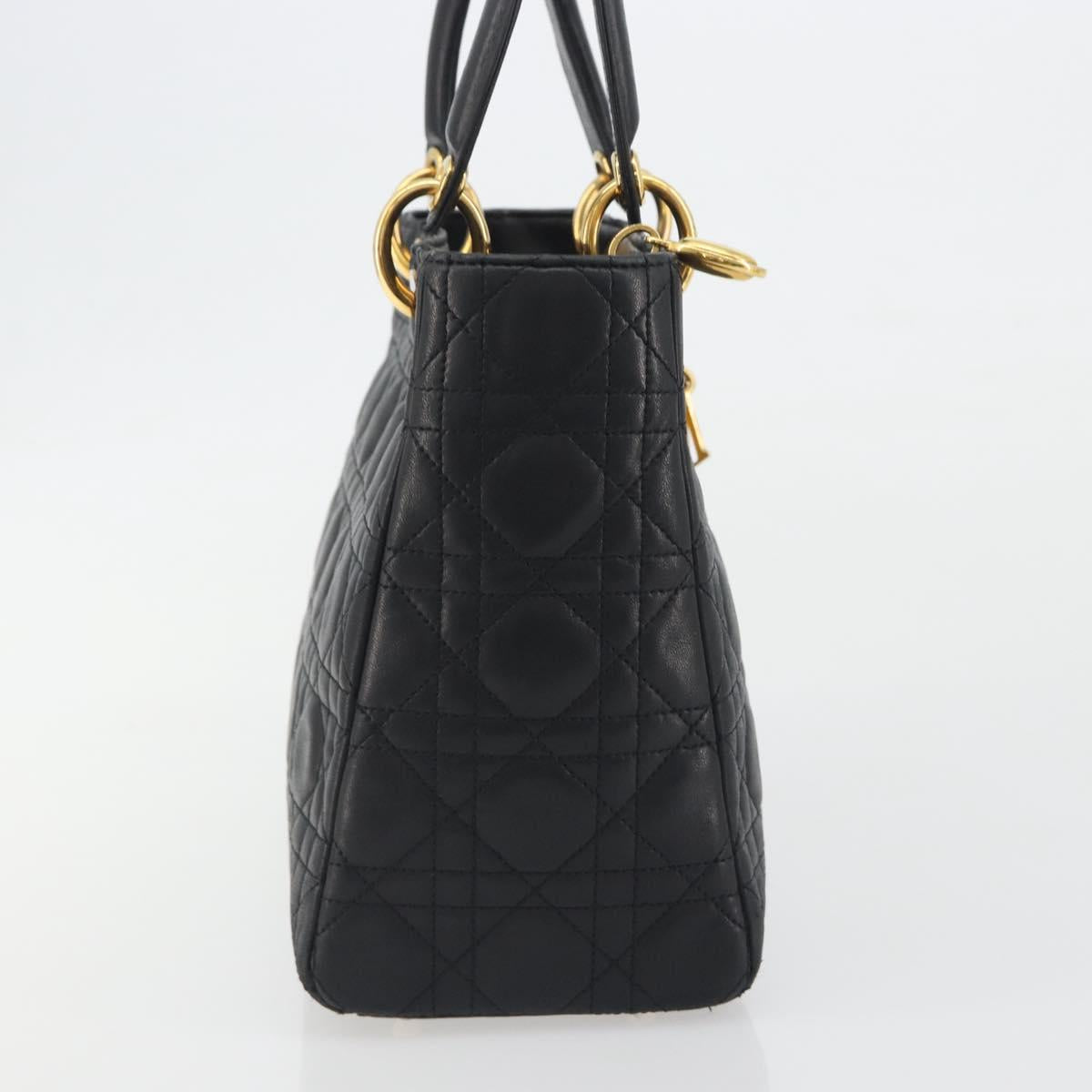 Christian Dior Canage Hand Bag Lamb Skin Black Gold Auth 193978A